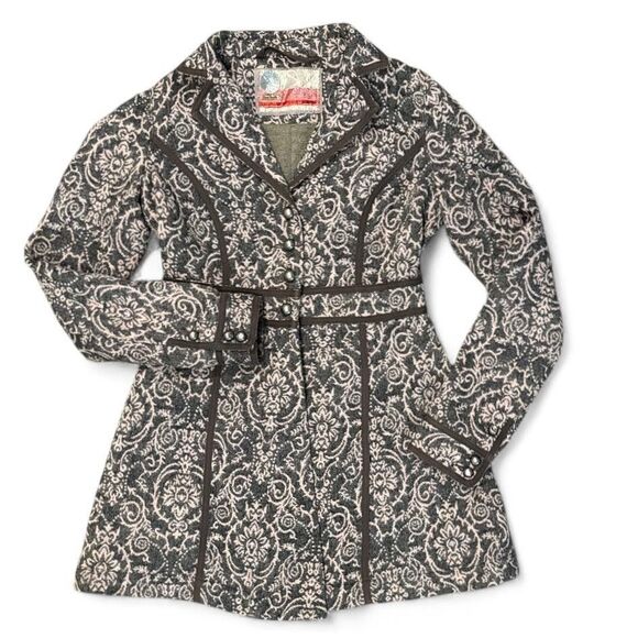 Free People Jacket Coat Sz 2 Gray Pink Jacquard Tapestry Paisley damask Piping - Picture 1 of 11